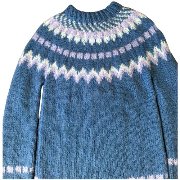Vintage Handknit Fair Isle Wool Sweater Blue Lavender Cream Nordic Yoke medium - Picture 10 of 11